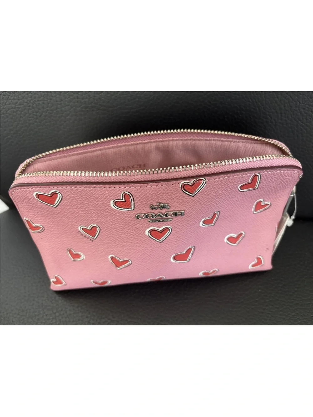 Coach Pink Heart-Print Cosmetic Pouch with Silver Logo